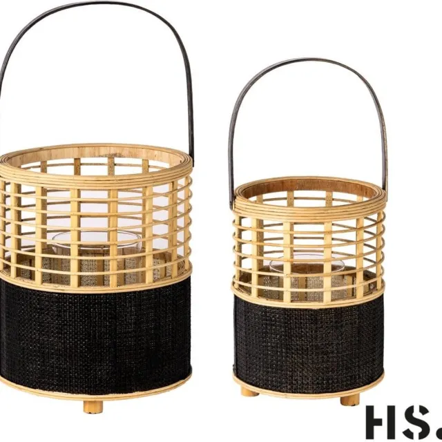 Home Society lantaarn - per 2 stuks - windlicht - bamboe - woondecoratie - tuin zwart en naturel