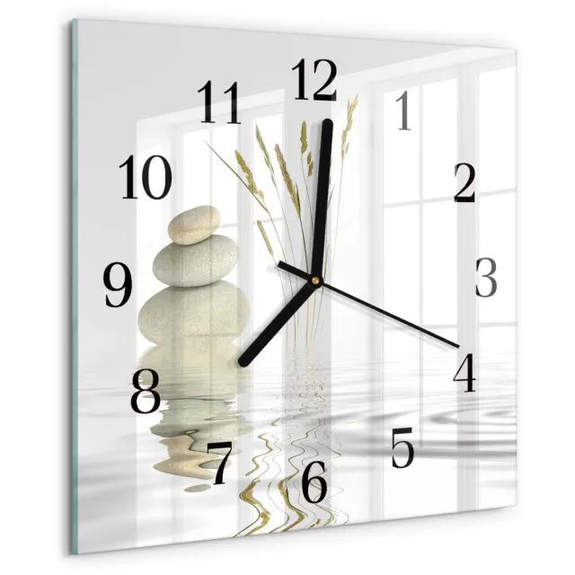 TULUP Wandklok - Stenen Glazen Klok Met Print - 30x30 cm - Wit Moderne Glazen Wandklok - Zwarte Handen - Vierkante Wandklok - Wandklok Glas Met Motief - Decoratieve Glazen Klok Wit - Stenen