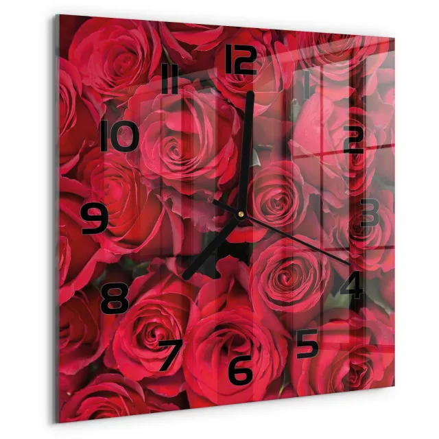 TULUP Wandklok - Rode rozen Klok Glas Met Opdruk - 30x30 cm - Rood Moderne Wandklok Glas - Zwarte handen - Vierkante Klok - Decoratieve Glazen Klok - Glazen Wandklok Design