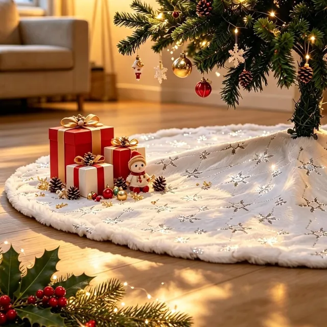 KZQ Kerstboomkleed & Kerstboomrok - Zacht Pluche met Gouden Sneeuwvlokken - 78 cm - Kerstkleed, Kerstboomdeken & Kerstboommat - Kerstversiering & Kerstdecoratie - Wit Wit-5