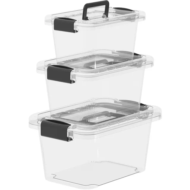 Ibenzoa Transparante Opbergdozen met Deksel en Handgreep, Stapelbaar voor Thuis, Studentenwoning en Kantoor, 3-delings Set 6L/10L/18L