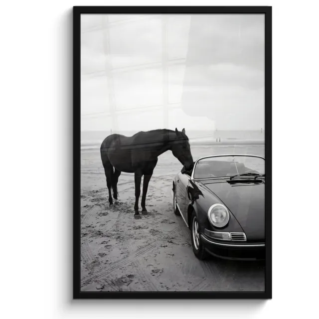 FrameYourWall Poster in lijst - Fotolijst 60x90 cm - Posters - Paard - Auto - Zwart - Wit - Posterlijst zwart - Decoratie - Wanddecoratie woonkamer - Muurdecoratie slaapkamer