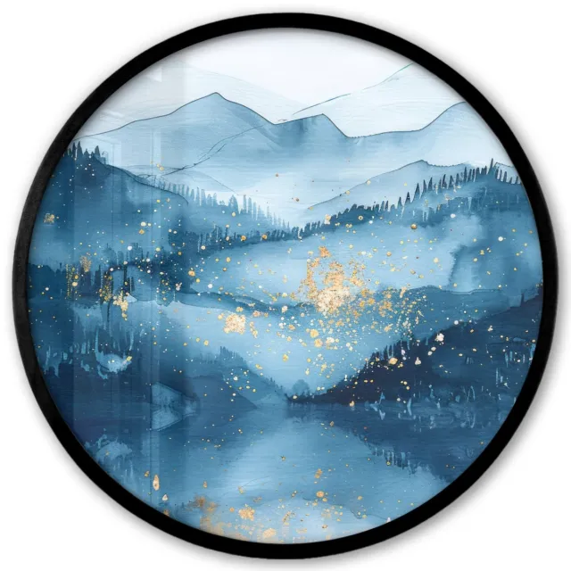 FrameYourWall Poster in lijst Rond - Fotolijst 40x40 cm - Posters - Landschap - Blauw - Modern - Goud - Abstract - Ronde posterlijst zwart - Decoratie - Wanddecoratie woonkamer - Muurdecoratie slaapkamer