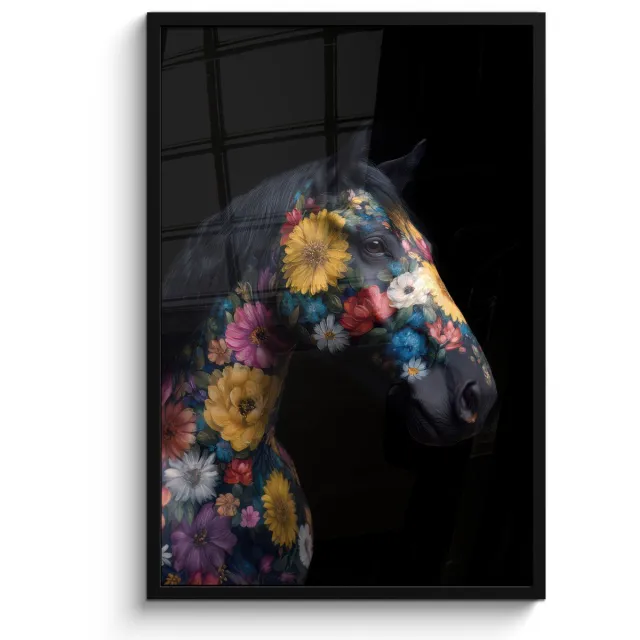 FrameYourWall Poster in lijst - Fotolijst 60x90 cm - Posters - Paard - Bloemen - Zwart - Posterlijst zwart - Decoratie - Wanddecoratie woonkamer - Muurdecoratie slaapkamer