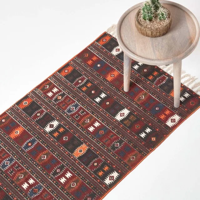 Homescapes Traditioneel terracotta zwart en bruin katoenen kelimkleed, 66 x 200 cm Multi