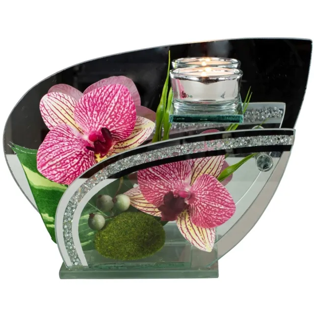 Robas Glazen decoratie met donkerroze bloemen en theelichtje.