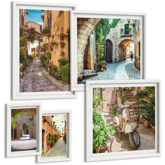 TULUP 4-Delige Schilderij Set - Sfeervolle straatjes met bloemen in Italiaanse en mediterrane stijl. - 50 x 50 cm, 20 x 30 cm en 40 x 60 cm - Moderne Wanddecoratie - Woonkamer Witte lijst