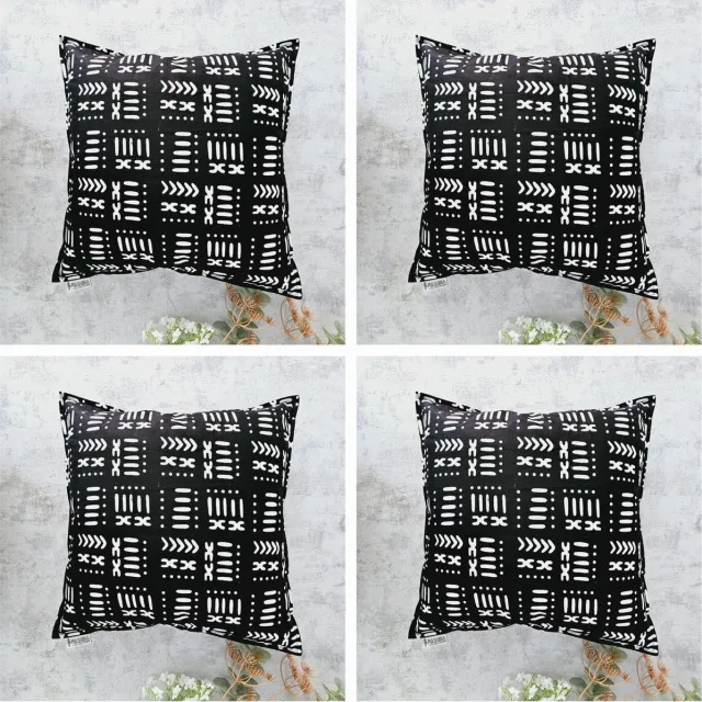 Mashona Collections Set Van 4 Kussenhoes 45x45cm | Decoratieve Kussensloop | Sierkussens | Afrikaanse Boheemse Stijl Geometrische 'Mudcloth' Bogolan Geïnspireerd Print Woondecoratie Sierkussen Katoen Etnische Kussenhoes Case Black Mudcloth Print