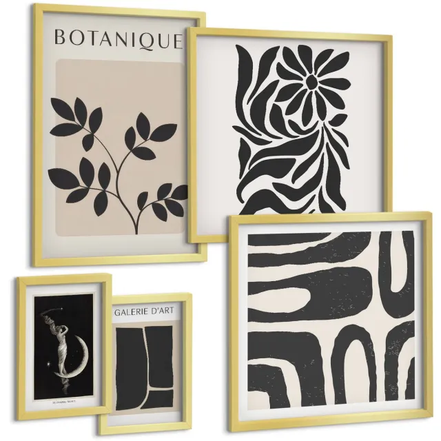Coloray 5-Delige Schilderij Set - Moderne Plantmotieven In Een Minimalistische Stijl - 50 x 50 cm, 20 x 30 cm En 40 x 60 cm - Stijlvolle Muurdecoratie - Kantoor - Woonkamer Decoratie Gouden lijst
