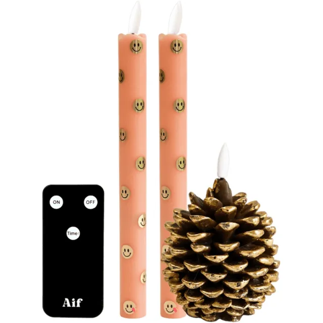 LED Dinerkaarsen Goud met Smiley + Dennenappel - Cadeauset - Incl. Afstandsbediening - Aifcandles