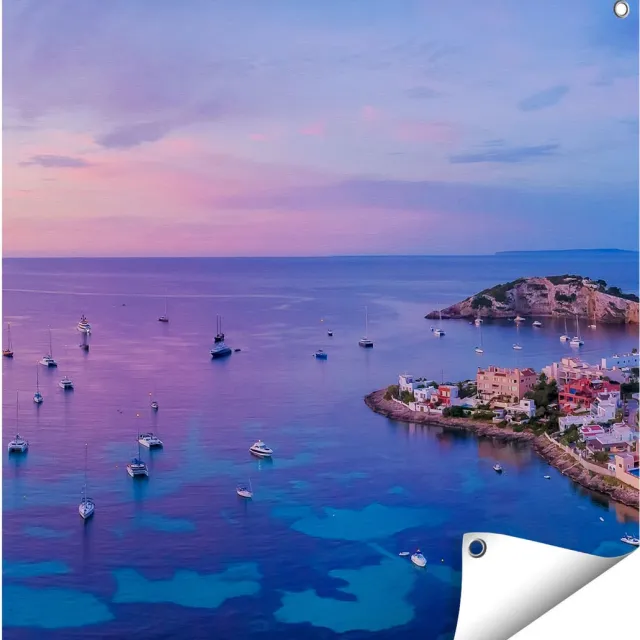 Gards Tuinposter Ibiza met Boten op het Water bij Zonsopgang - 70x70 cm - Tuindoek - Tuindecoratie - Wanddecoratie buiten - Tuinschilderij Multikleur