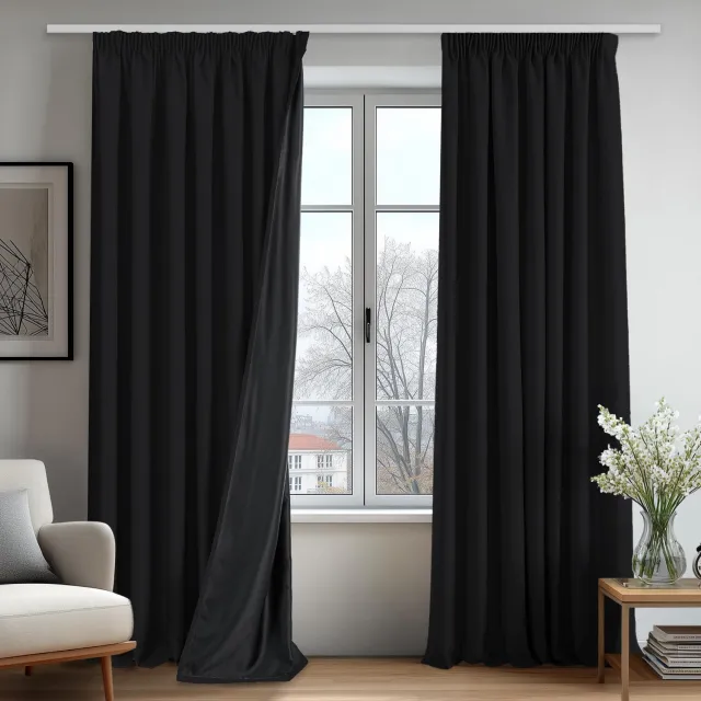 Famanu 100% verduisterende gordijnen met plooiband, thermische gordijnen tegen hitte, 140×200 cm, 2 panelen, zwart, biedt maximale verduistering en temperatuurregulatie, ideaal voor moderne woonruimtes