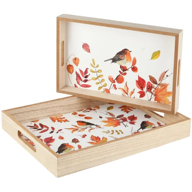 dekoratief Set 2 dienbladen 'Autumn Birds', naturel, hout, 35x25x5cm | A265272