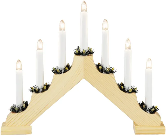 Konstsmide Houten Kerstkandelaar voor binnen - 7 kaarsen - 2700K warm wit - Hout met groen - Kaarsenbrug met 7 lampen - 30 x 38 cm - Kerstverlichting