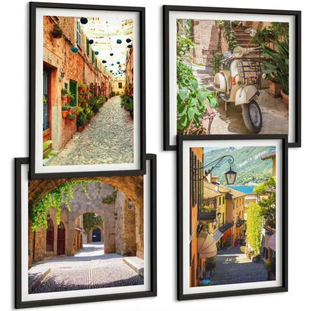 TULUP 4-Delige Schilderij Set - Sfeervolle straatjes met planten en Italiaanse pizza - 40 x 40 cm en 40 x 60 cm - Muurdecoratie - Wanddecoratie - Slaapkamer - Stijlvolle Muurdecoratie Zwarte lijst
