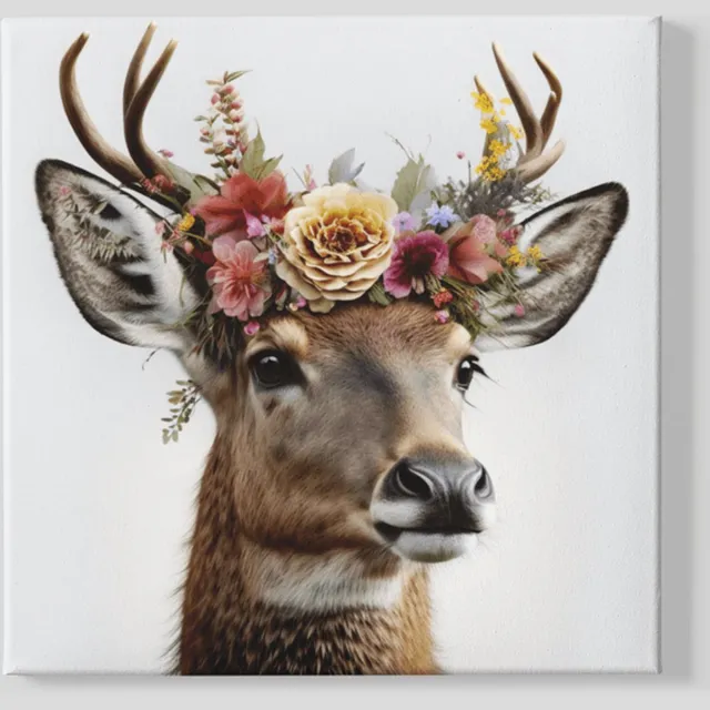 Trendex Global Vierkant Canvas Schilderij - Dieren - Hert met bloemen - 60x60x2 cm Bruin