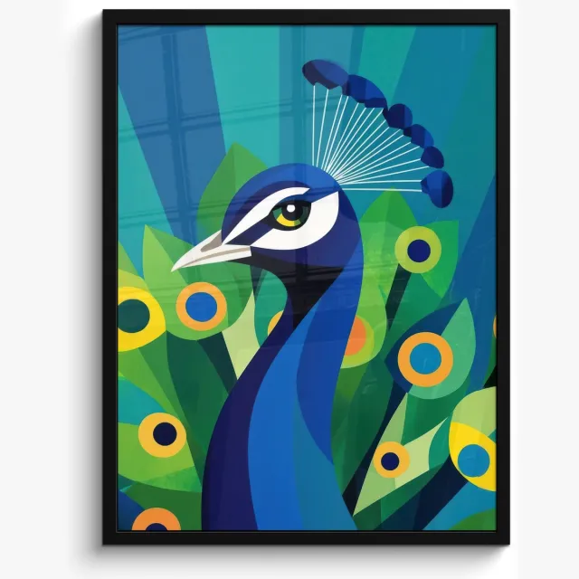 FrameYourWall Poster in lijst - Fotolijst 60x80 cm - Posters - Pauw - Cirkels - Blauw - Posterlijst zwart - Decoratie - Wanddecoratie woonkamer - Muurdecoratie slaapkamer Pauw - Veren