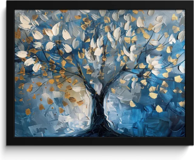 FrameYourWall Poster in lijst - Fotolijst 40x30 cm - Posters - Boom - Blauw - Goud - Abstract - Posterlijst zwart - Decoratie - Wanddecoratie woonkamer - Muurdecoratie slaapkamer Blauw - Levensboom
