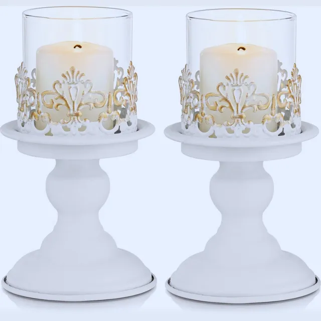 PEAM Elegante Witte Kaarshouder Voor Pijler Kaars - Metalen Orkaan Kandelaar Voor Verjaardag - Bruiloft - Kerst En Tafeldecoratie White