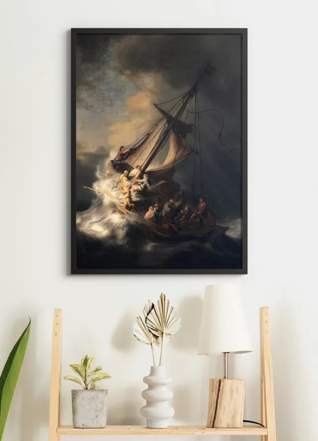 Esque Poster in Zwarte Lijst - Christus in de storm op het meer van Galilea - Rembrandt van Rijn - Large 70x50