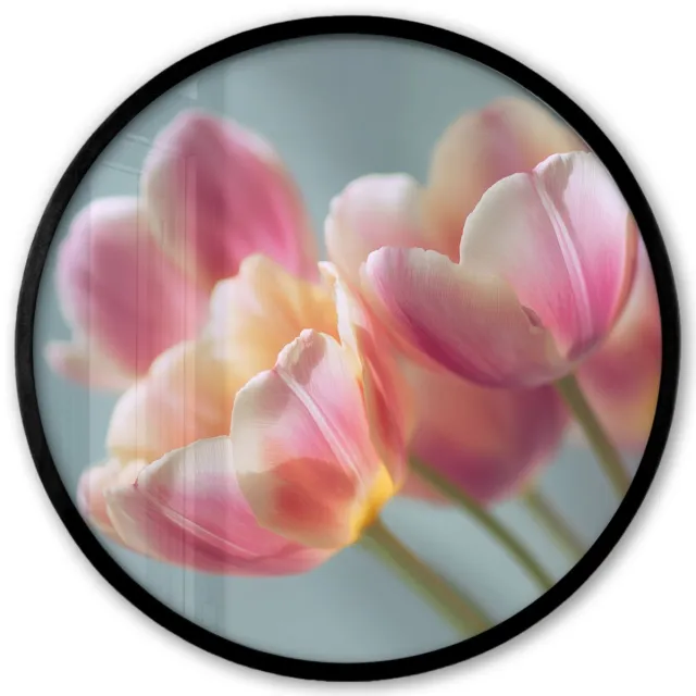 FrameYourWall Poster in lijst Rond - Fotolijst 40x40 cm - Posters - Tulpen - Roze - Stelen - Ronde posterlijst zwart - Decoratie - Wanddecoratie woonkamer - Muurdecoratie slaapkamer Tulpen - Stelen