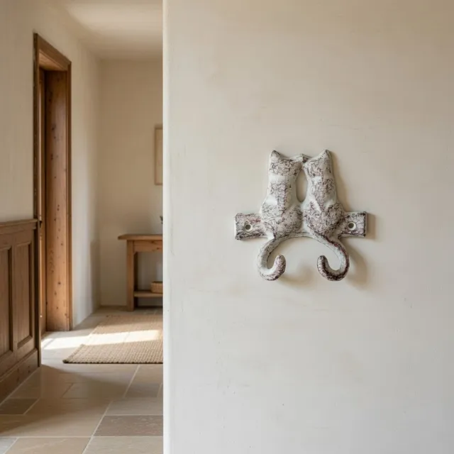 Ambiente Haus Dubbele wandhaak met twee katten van gietijzer wit 12cm x 12cm x 4cm - decoratieve gietijzeren wandophanging - kledinghaak met twee haken whitewash