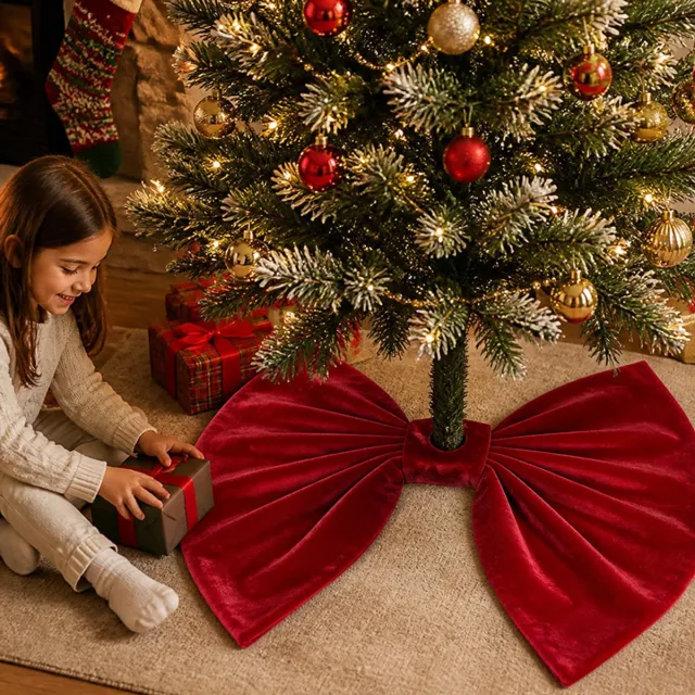 SNQ Grote bordeauxrode kerstboomrok met strik – 90x45 cm – Geschikt voor kerstversiering in hotels, winkels en etalages – Kerstboommat met strik