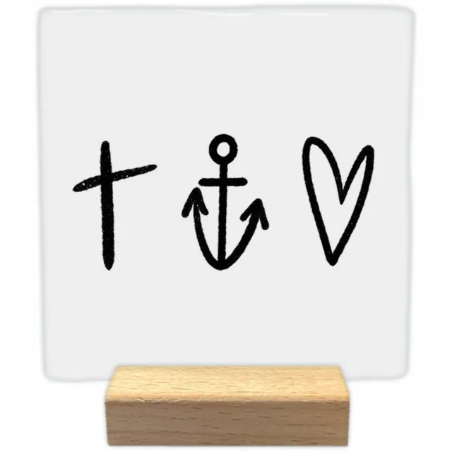 Artige Decoratie tegel - Geloof hoop liefde - keramisch - 10x10 cm - inclusief houder Wit