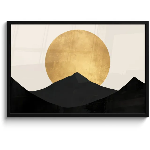 FrameYourWall Poster in lijst - Fotolijst 90x60 cm - Posters - Bergsilhouetten - Gouden cirkel - Beige - Posterlijst zwart - Decoratie - Wanddecoratie woonkamer - Muurdecoratie slaapkamer Bergsilhouetten - Cirkel