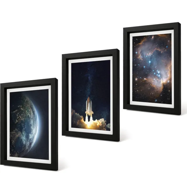 Coloray 4-Delige Schilderij Set - Ruimte Aarde Raket Melkweg Hemel Sterren - 20 x 30 cm - Muurdecoratie - Decoratieve Schilderijen - Wohnzimmer Zwarte lijst