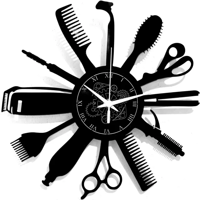 Instant Karma Clocks Instant Karma Klokken | Kapsalon ➤ Wandklok voor kapper | Schoonheidssalon | Kapsalon | Vintage design cadeau-idee met niet-tikkende wijzerplaat (zwart B5)