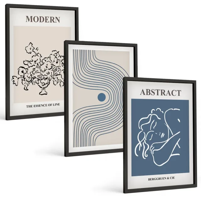 TULUP 4-Delige Schilderij Set - Posters met bloemen, lijnen en abstracte vormen - 40 x 60 cm - Wanddecoratie - Muurdecoratie - Woonkamer Zwarte lijst