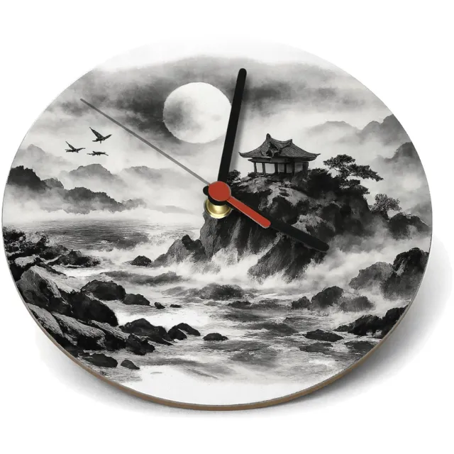 Mr Cadeautjes Klok rond Ø 19 - design Nachtelijk kustpanorama met rotsen, maan, golven en een klei | cadeau Wit