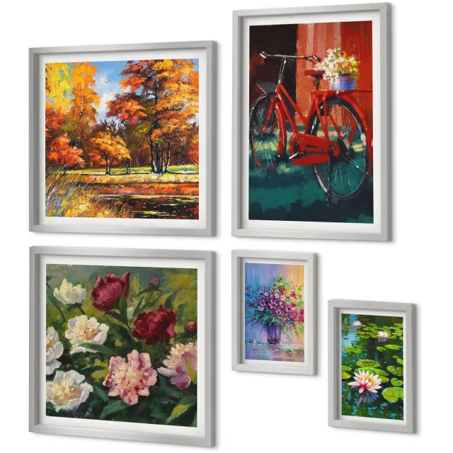 Coloray 5-Delige Schilderij Set - Lelies Op De Waterfiets In De Tuin, Kleurrijke Bloemen - 20 x 30 cm - Moderne Wanddecoratie - Slaapkamer Zilveren lijst