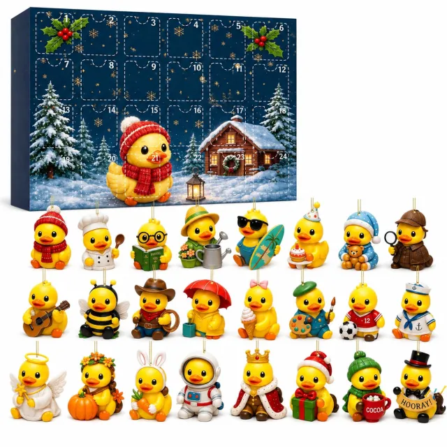 SWGOTA Adventskalender met 24 gele eendenhangers - Platte kerstboomdecoraties met ophangkoord - In kartonnen doos Geel