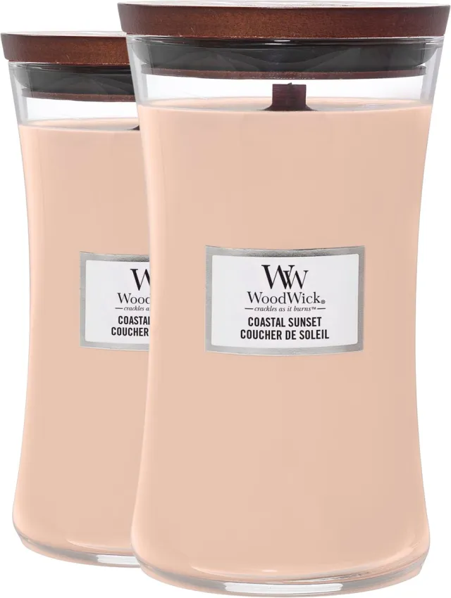Woodwick Large Hourglass Coastal Sunset - Set van 2 Geurkaarsen - Knisperende Houten Lont - Lange Branduren - Luxe Huisparfum - Afmetingen: B:10xH: 17,5cm - Aantal branduren: ± tot 130 Roze