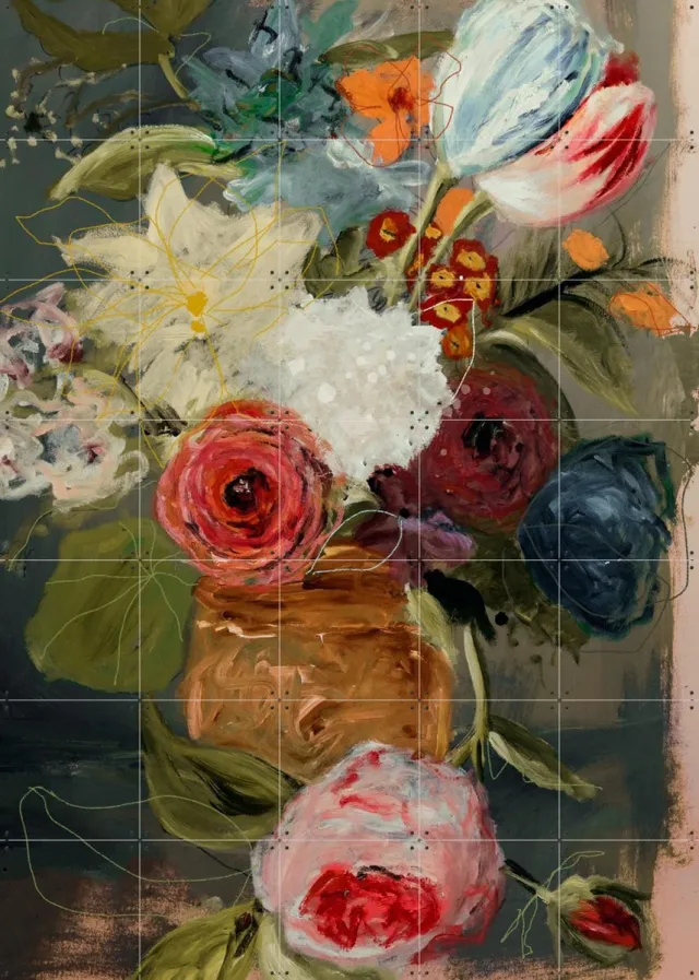 IXXI Still Life with Flowers and Nuts, Leigh Viner & Rijksmuseum 2.0 - 100 x 140 cm - Grote wanddecoratie en posters - Impressionisme, Olieverf Blauw / Rood / Groen / Roze