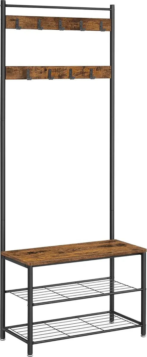 FurnStar Kapstok - kapstok met schoenenopbergbank - halboom met schoenenrek - 3-in-1 ontwerp - stalen frame - voor hal - entree - 32 x 70 x 177 cm - industrieel - Rustiek bruin + zwart