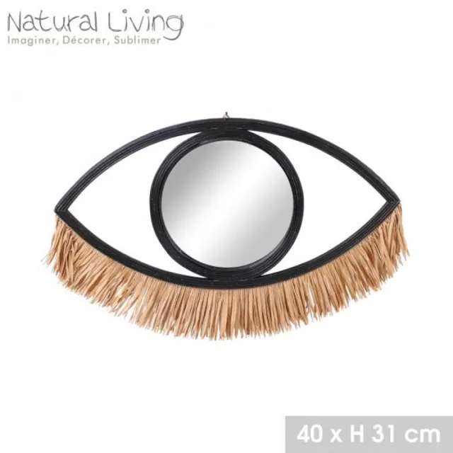 "NATURAL LIVING" Spiegel ILANA van zwart rotan met raffia franjes 41 x H31 cm