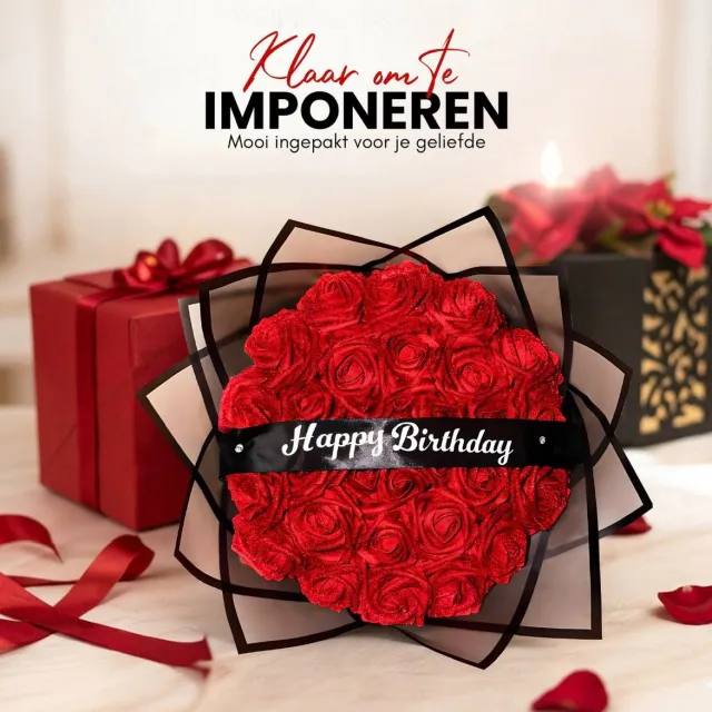 Patels And Presents Kunstrozen boeket rood – 20 stuks – met lint – Tekst: Happy Birthday - cadeau
