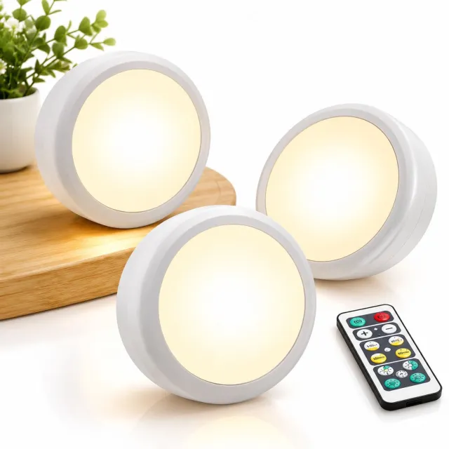 VHV Verlichting - Drie LED - spotjes, op batterijen, met afstandsbediening, wit, draadloos, geschikt voor vitrine - en schap, aanraakgevoelig ontwerp, zelfklevende...