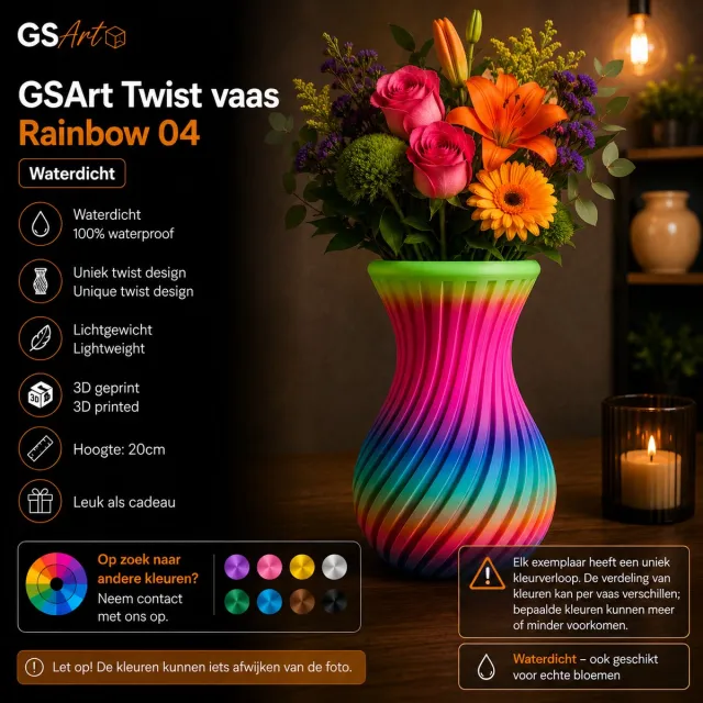 GSArt Twist Vaas Rainbow 04 – Waterdicht – 20 cm – Uniek Kleurverloop Divers