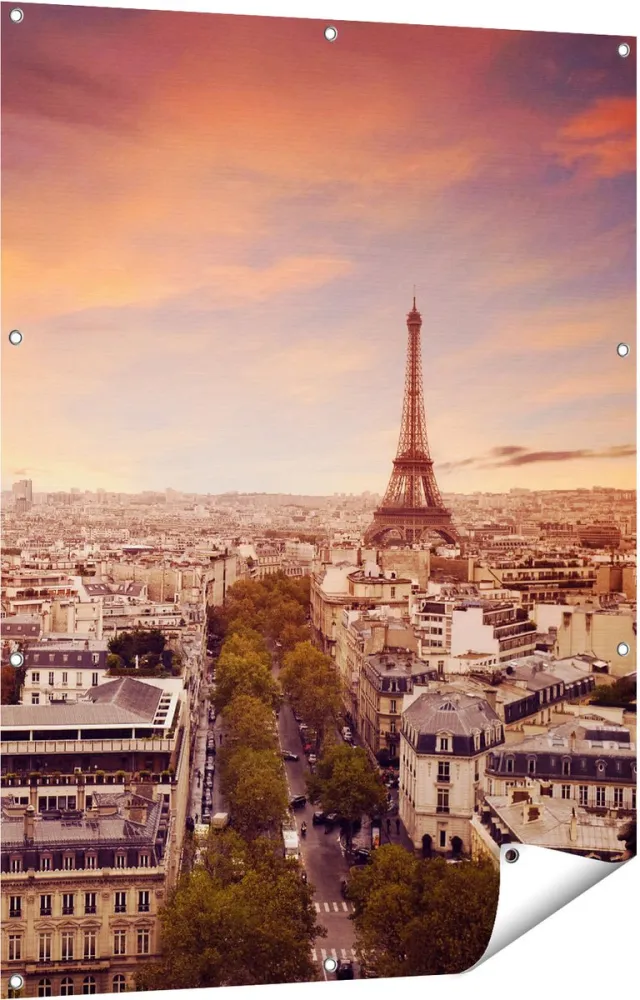 Gards Tuinposter Skyline Parijs met Eiffeltoren - 90x120 cm - Tuindoek - Tuindecoratie - Wanddecoratie buiten - Tuinschilderij Multikleur