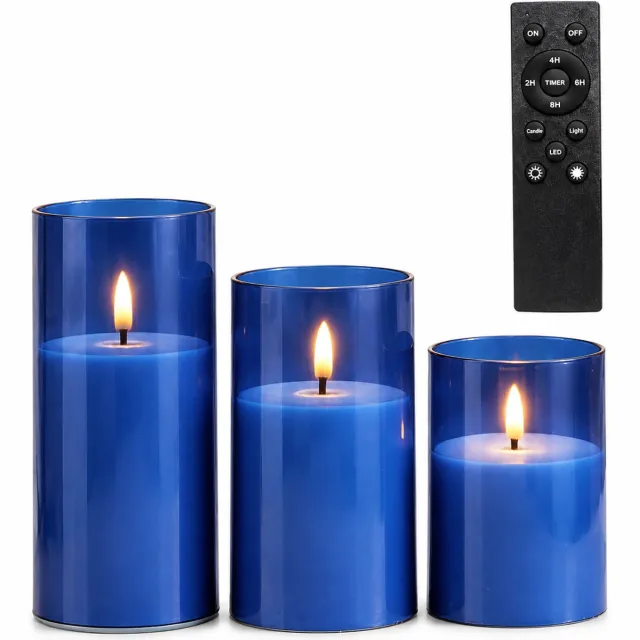 SWGOTA led kaarsen blauw, 3 stuks per doos, met grote afstandsbediening en timeropties, cilindervormig in verschillende hoogtes voor feestdecoratie