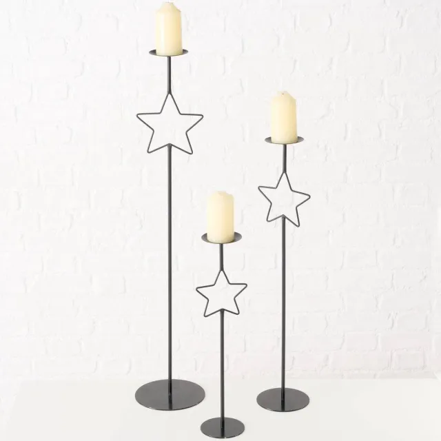 GUILA Metalen kaarsenhouders met ster GUILA, 3 stuks, hoogte 54,5 - 99,5 cm zwart