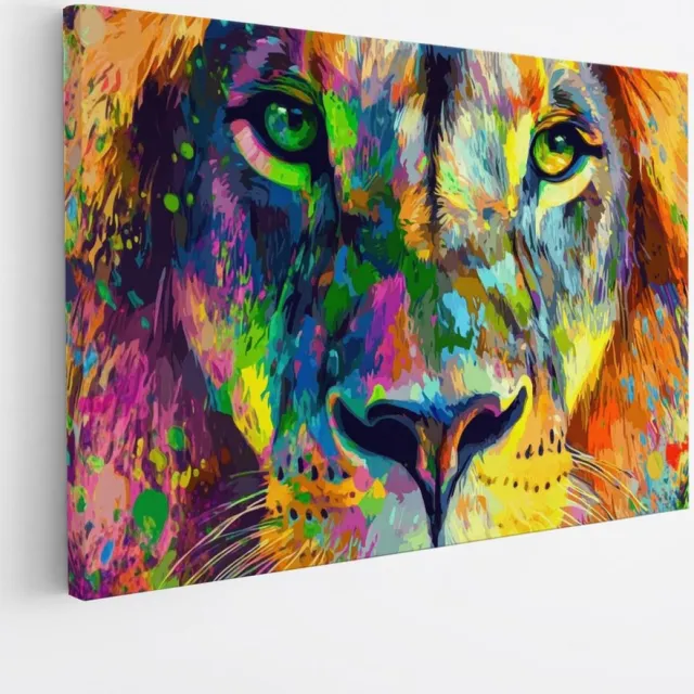 Saammp Canvas Schilderij - Leeuw met kleurrijke verfspetters - Dieren - Abstract - 120x80 - Foto op canvas - Wanddecoratie - Muurdecoratie Woonkamer - Slaapkamer decoratie - Canvas Print Multicolor