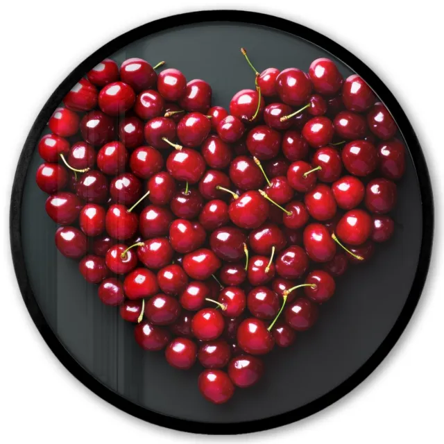 FrameYourWall Poster in lijst Rond - Fotolijst 40x40 cm - Posters - Kersen - Hart - Rood - Zwart - Ronde posterlijst zwart - Decoratie - Wanddecoratie woonkamer - Muurdecoratie slaapkamer