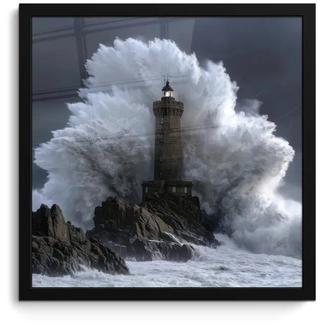 FrameYourWall Poster in lijst - Fotolijst 40x40 cm - Posters - Golf - Vuurtoren - Schuimend water - Posterlijst zwart - Decoratie - Wanddecoratie woonkamer - Muurdecoratie slaapkamer