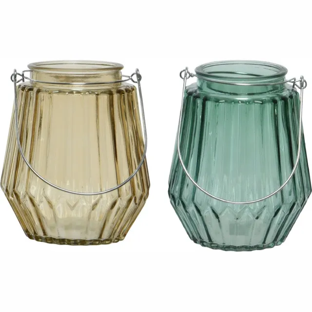 Decoris Set van 2x stuks theelichthouders/waxinelichthouders streep glas taupe en zeegroen met metalen handvat 11 x 13 cm Multi