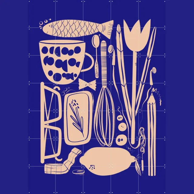IXXI Things, Gozde - 100 x 140 cm - Grote wanddecoratie en posters - Speels, Grafisch Ontwerp, Illustraties, Line art, Keuken, Woonkamer, Eetkamer Blauw
